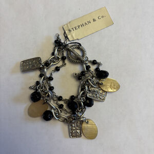 Stephan & Co. Silver Charm Toggle Bracelet Black Beads Shell Cross Pendant NWT